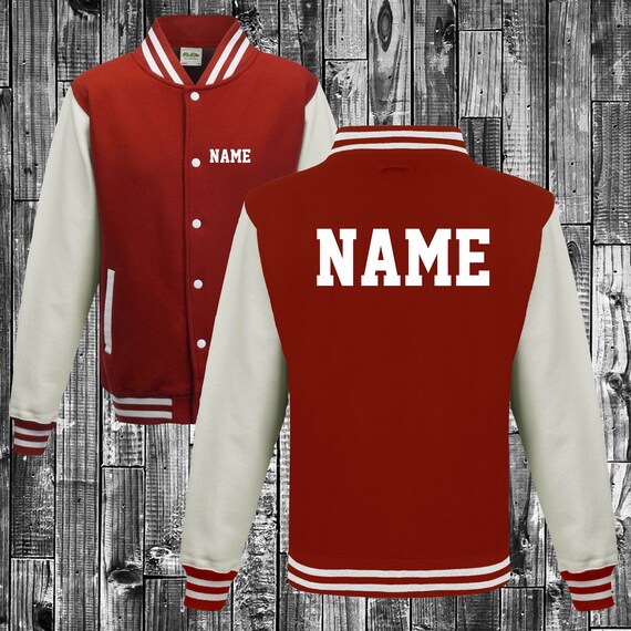 College jacket with desired print on the front and back with name, training jacket, sports club, varsity jacket, red/white