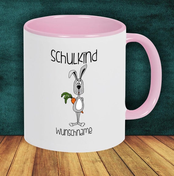 Kinder Tasse Trink Becher Schulkind Hase mit Wunschnamen Einschulung Kita Hort Geburtstag Schule Teetasse