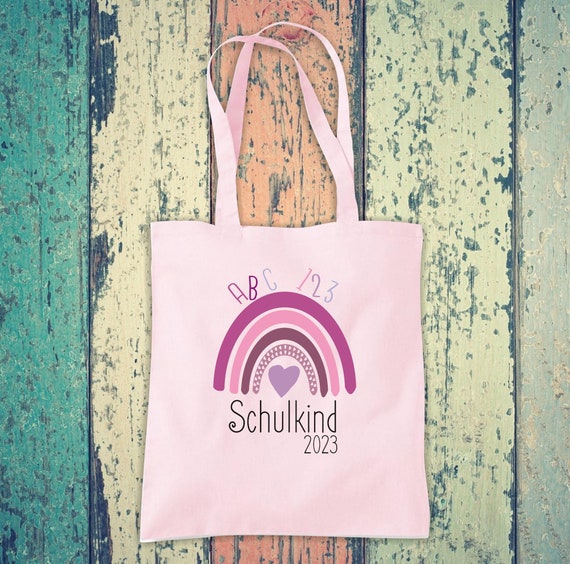 Stoffbeutel "Schulkind mit Wunsch Jahr" Regenbogen Schule Baumwolle Jute Sportbeutel Tasche Beutel Hort Einschulung Kita Tier