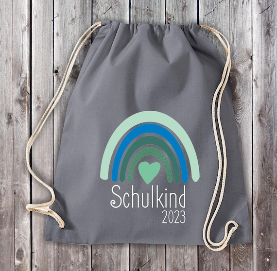 Turnbeutel mit Wunschtext "Schulkind Regenbogen mit Wunschjjahr" Kita Hort Schule Baumwolle Gymsack Tasche Beutel Sportbeutel