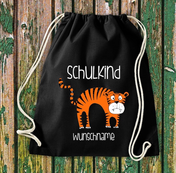 Gym bag schoolchild animals tiger with desired text school cotton gym bag sports bag bag school enrollment