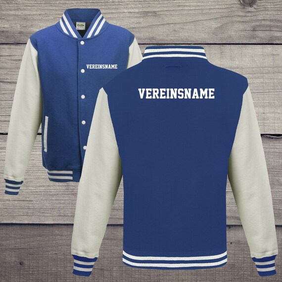 College jacket with desired print on the back and front with club name, training jacket, sports club, varsity jacket, royal/white