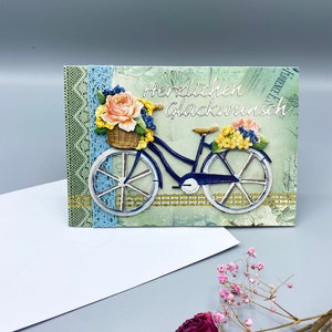 Handgemachte Vintage-Karte mit Fahrradmotiv in 3D "Herzlichen Glückwunsch"; liebevoll verziert; ca. 16,5 x 11,5 cm