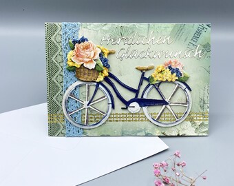 Handgemachte Vintage-Karte mit Fahrradmotiv in 3D "Herzlichen Glückwunsch"; liebevoll verziert; ca. 16,5 x 11,5 cm