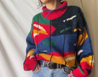 vintage 80s dobrila handknit pure new wool shawl color intarsia sweater | large x-large