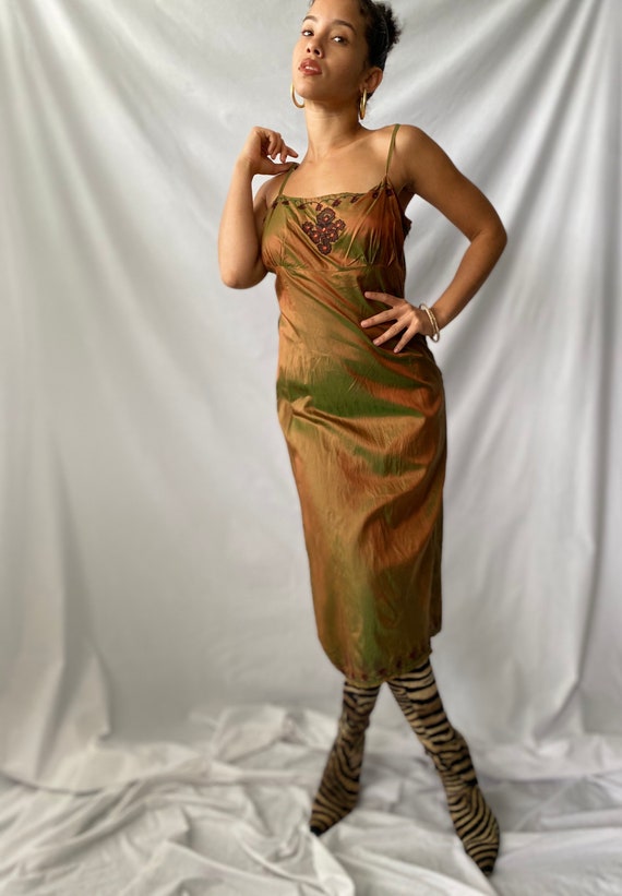 vintage free people silk green iridescent embroide
