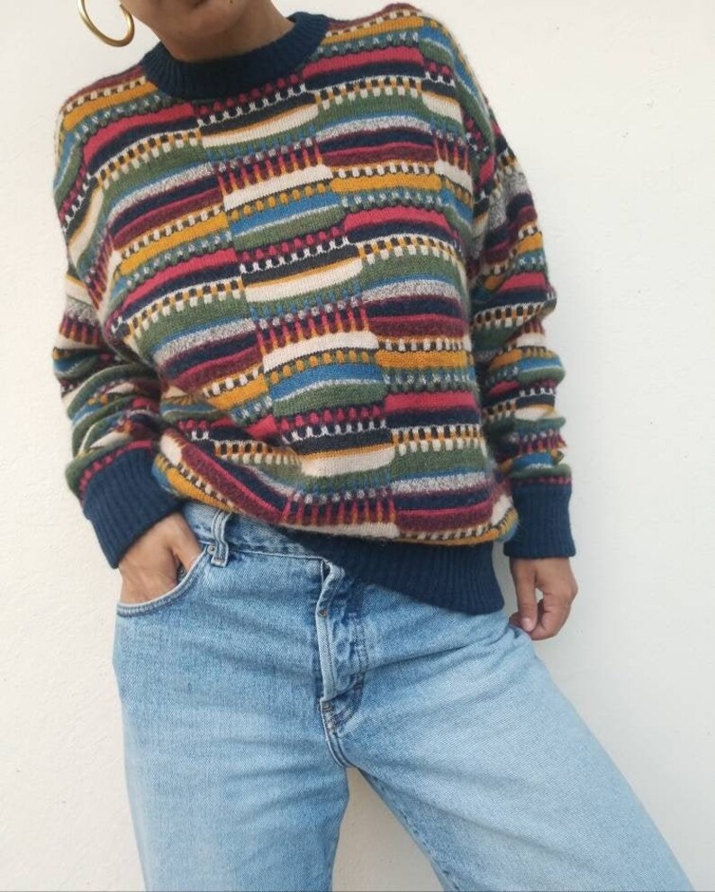 Vintage Italian BOTTO Men/'s Multicolor Wool Crewneck Pullover Sweater Large