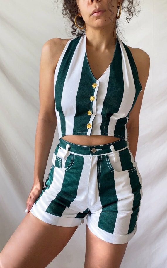 vintage striped denim 2pc halter top shorts set g… - image 4