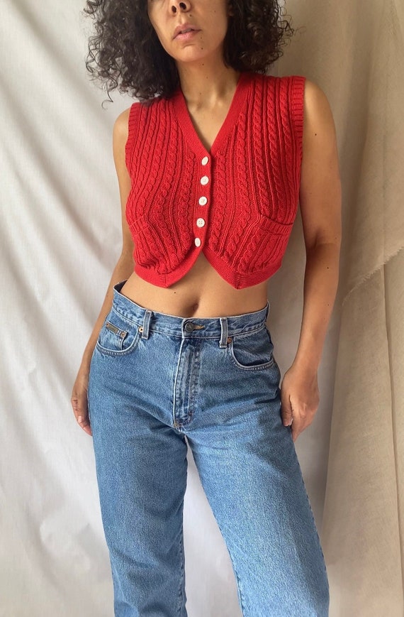 vintage ralph lauren red cotton cropped cable knit