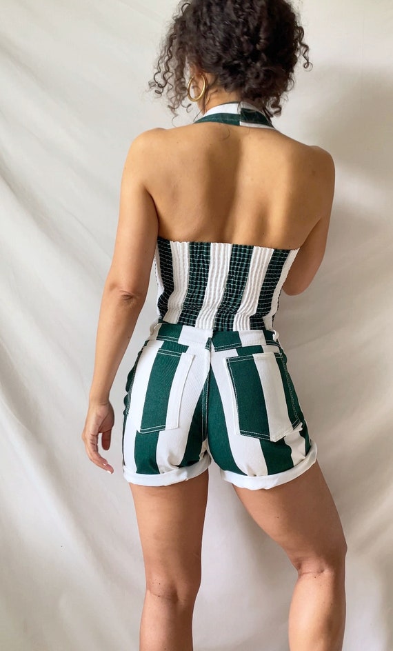 vintage striped denim 2pc halter top shorts set g… - image 5
