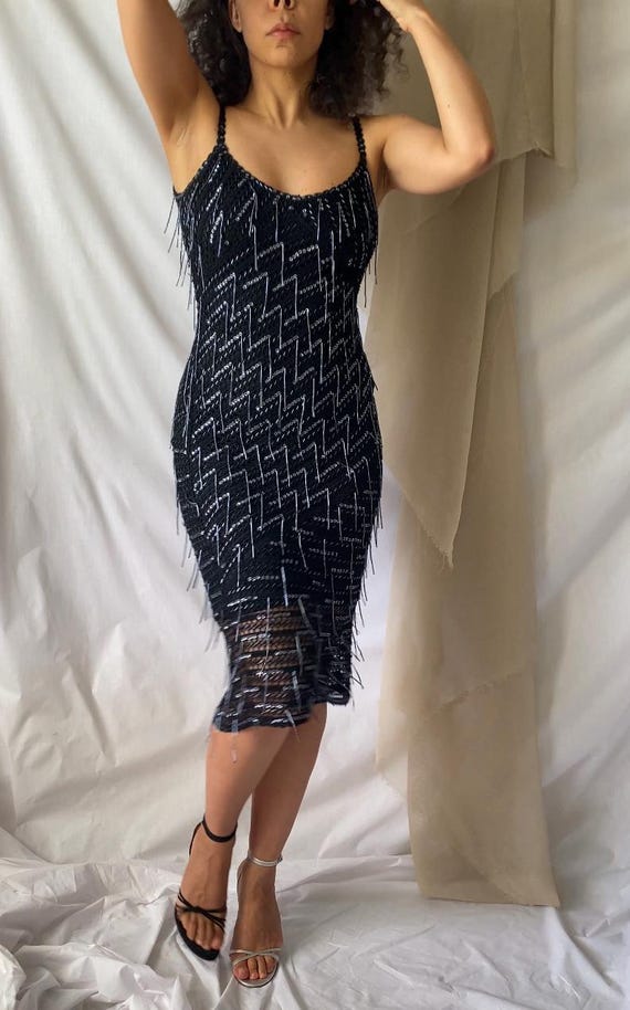 Karen Millen Crochet Beaded Fringe Sequined Black Knee Length