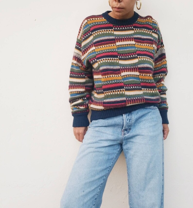Vintage Italian BOTTO Men/'s Multicolor Wool Crewneck Pullover Sweater Large