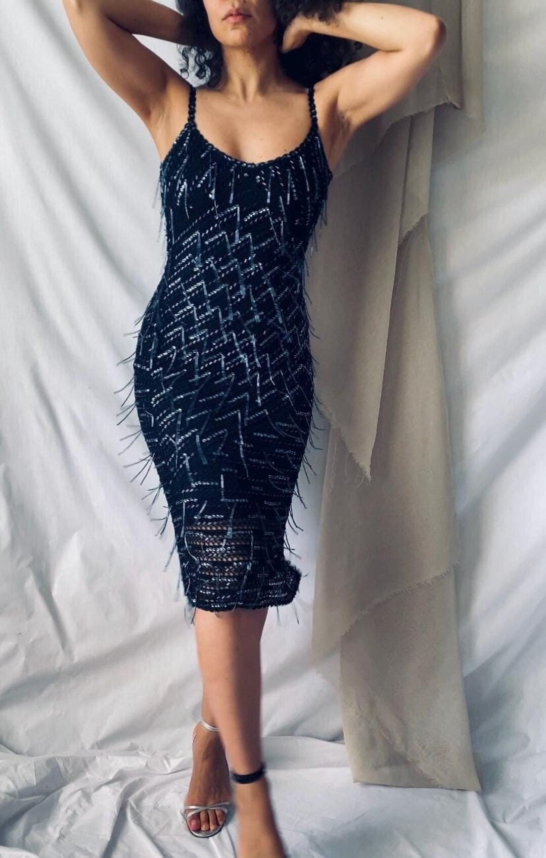 Karen Millen Crochet Beaded Fringe Sequined Black Knee Length Dress | Small Medium - Etsy Karen Millen Crochet Beaded Fringe Sequined Black Knee Length Dress | Small Medium - Etsy