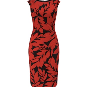 Phase Eight Red Leaf Print Black Stretch Graphic Dress UK Size 16