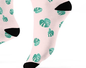 Girls Monstera Socks, Blush Pink Socks, Light Pink Socks, Botanical Socks, Tropical Socks, Plant Socks, Streetwear, Alternative, Tumblr