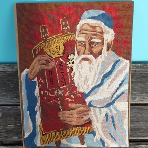 Antique Needlepoint Judaic Rabbi 14 x 18 Unframed