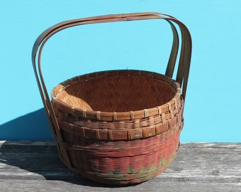 Hand-Painted Antique Sewing Basket - Bamboo Wicker, Rattan/Reed Handle