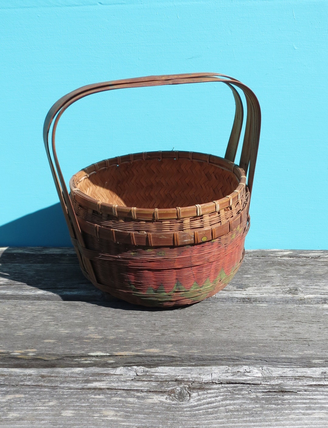 Handpainted Antique Sewing Basket Bamboo Wicker, Rattan/reed Handle Etsy