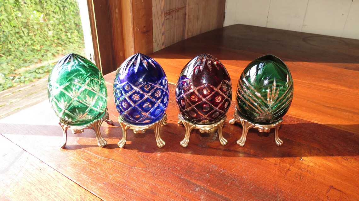 Set of 4 Cut Glass Eggs on Metal Stands Czech StyleBohemian Etsy