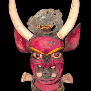 Antique Guerrero-Guatemalan LARGE Hand-painted Hand-Carved 1930&#39;s Red Horned Devil Head Carnival Style Statue