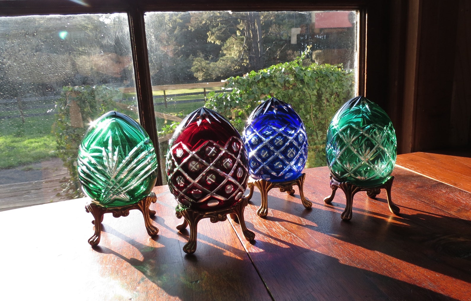 Set of 4 Cut Glass Eggs on Metal Stands Czech StyleBohemian Etsy