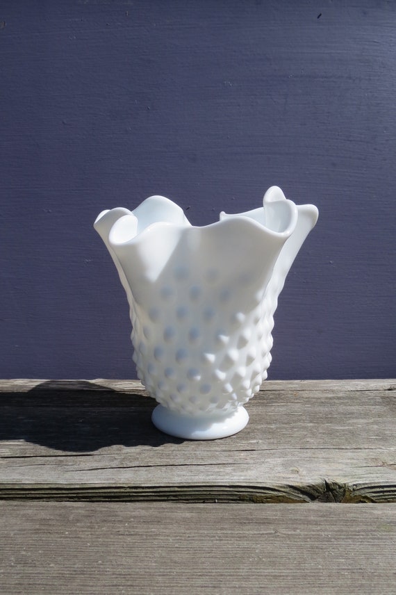 Rare Fenton Square Swung Hobnail Milk Glass Vase Handkerchief Etsy