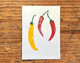 Hand Printed Chillies Linocut – Original Linoprint