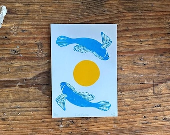 Hand Printed Fish and Moon Linocut – Original Linoprint