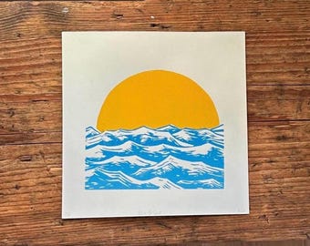 Hand Printed Sun and sea Linocut – Original Print