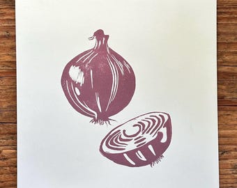 Hand Printed Red Onion Linocut – Original Botanical Art Print