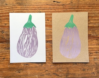 Hand Printed Striped Aubergine Linocut – Original Botanical Art Print