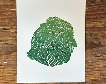 Savoy Cabbage Linocut – Hand-Printed Original Print, Botanical Art