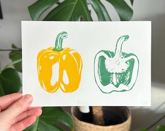 Bell Pepper Linocut Print | Hand-Printed Botanical Art | Garden Illustration