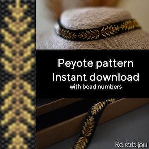 Könnte beinhalten: Ein Perlenarmband-Muster in Schwarz und Gold. Das Muster ist ein Peyote-Stich und steht zum sofortigen Download mit Perlennummern zur Verfügung. Der Text "Peyote pattern Instant download with bead numbers" wird auf schwarzem Hintergrund angezeigt.