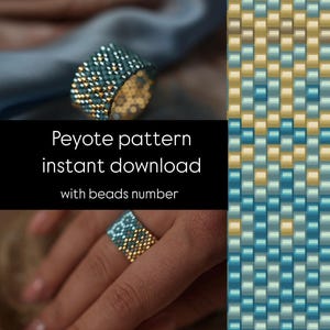 May include: A beaded ring in teal and gold tones, with a complementary pattern on the right. The image includes the text "Peyote pattern instant download with beads number", suggesting a digital download of a beading pattern.