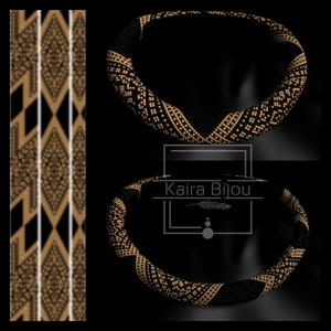 May include: A black and gold beaded necklace with a geometric pattern. The necklace is made of small beads and is designed to be worn as a choker.