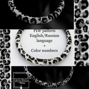 Op de afbeelding: Een zwart-witte kralenketting met een luipaardprint. De ketting is gemaakt van kleine kralen en heeft een ronde vorm. De afbeelding bevat de tekst "PDF pattern English/Russian language + Color numbers" en de tekst "Kaira Bijou".