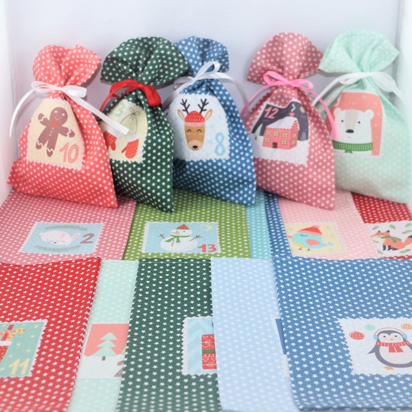 Neu!! Adventskalender zum Befüllen 14X19,5 cm Bunt, Sterne,  24 Säckchen mit Applikation, plus ein Säckchen zum Aufbewahren,