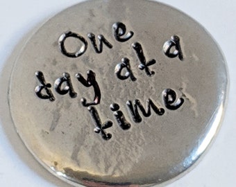 Pocket Token - Personalized Pewter Pocket Pebble - Ships Free -One Day at a Time - Pocket Coin - Hand Stamped Inspiration Pebble