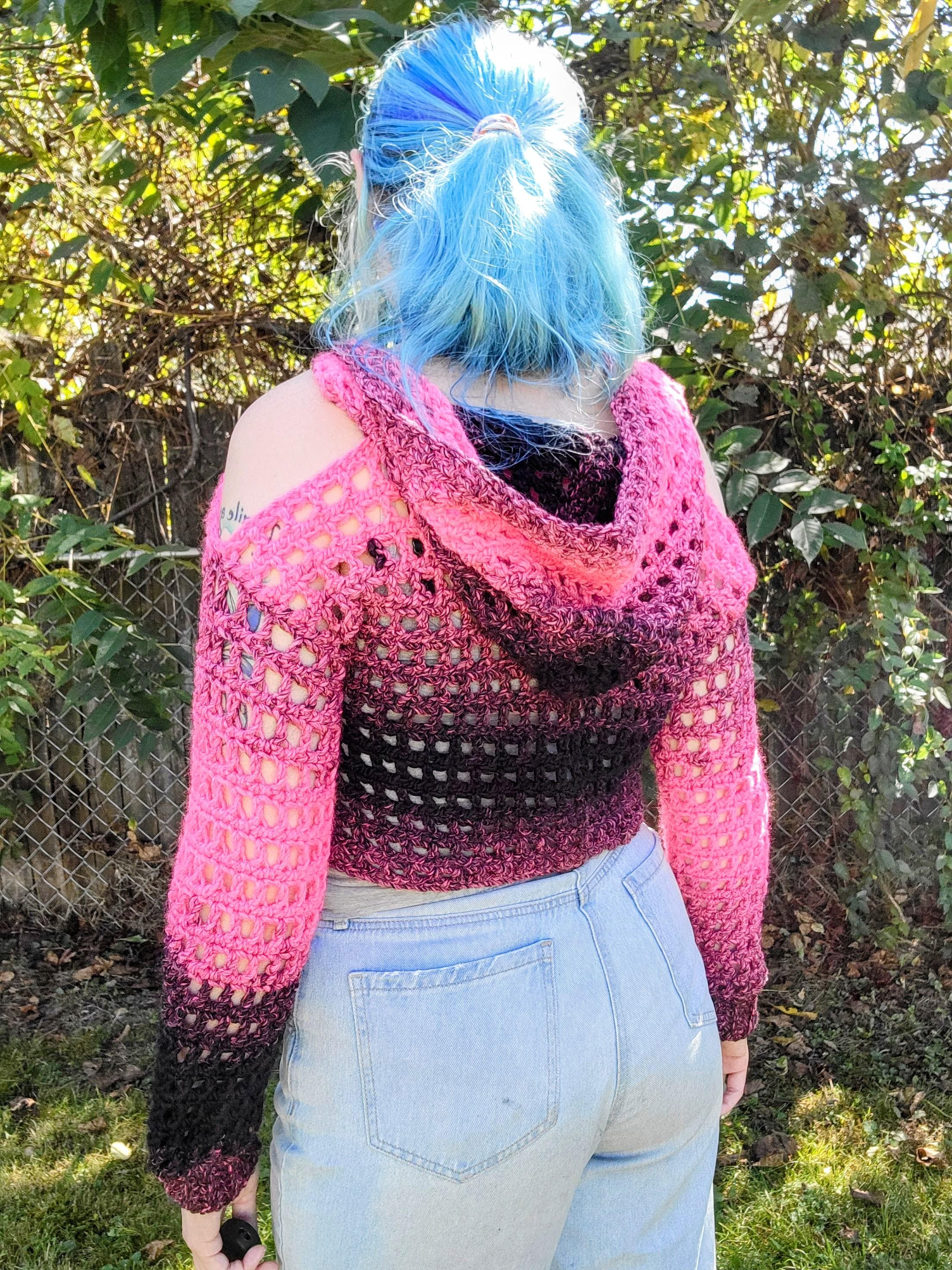 Vigilante Crochet Hoodie – Pink and Black Open Stitch Crop Top