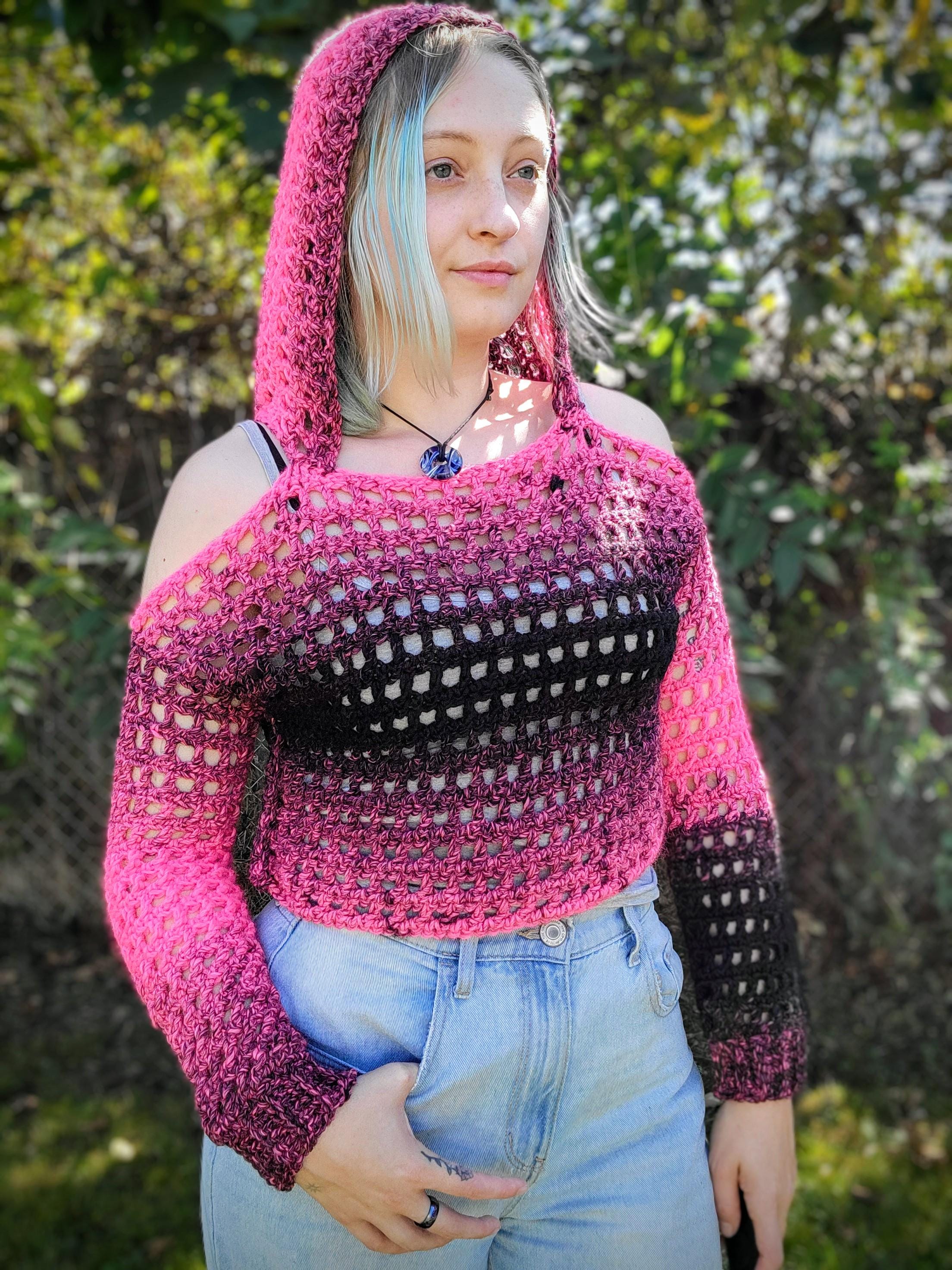 Vigilante Crochet Hoodie – Pink and Black Open Stitch Crop Top