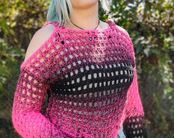 Vigilante Crochet Hoodie – Pink and Black Open Stitch Crop Top