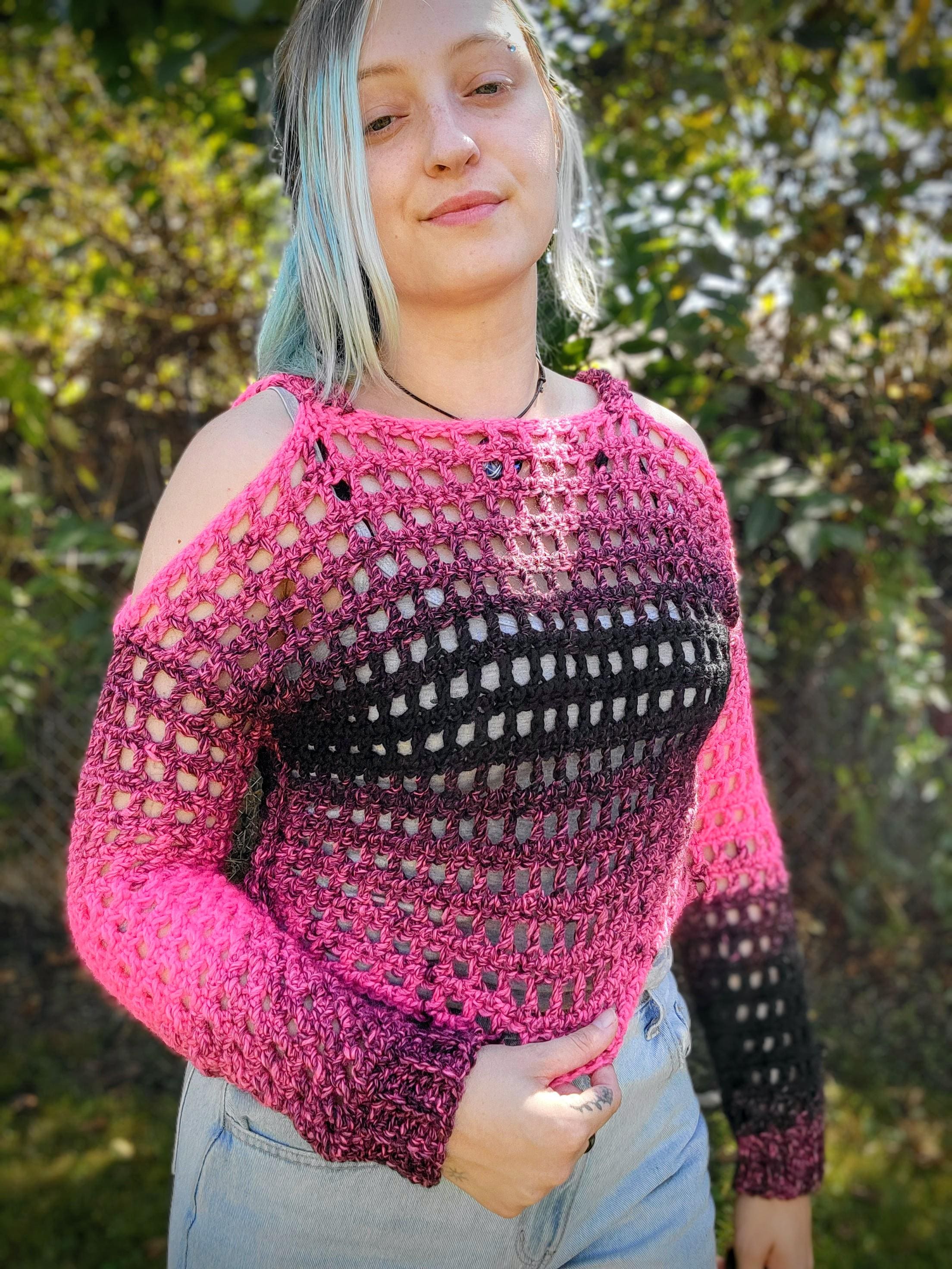 Vigilante Crochet Hoodie – Pink and Black Open Stitch Crop Top
