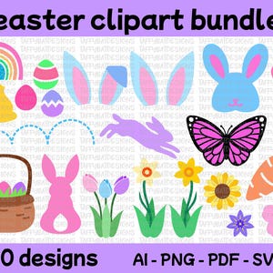 20 Easter Clipart Design Bundle for Cricut & Silhouette - Easter Egg Basket Bunny Designs, Easter Chick SVG, Cute Holiday SVG AI pdf png