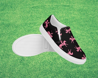 Damen Slipper Canvas Schuhe schwarz mit pinkem Polo Pony