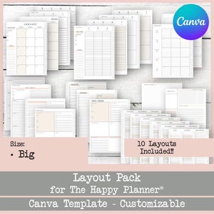 Könnte beinhalten: Eine Sammlung von Planer-Layouts in verschiedenen Designs, darunter Monats- und Wochenübersichten. Die Layouts sind in neutralen Tönen mit minimalistischer Ästhetik gehalten. Der Text lautet "Layout Pack for The Happy Planner® Canva Template - Customizable" und "10 Layouts Included!!".
