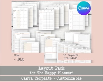May include: A collection of planner layouts in various designs, including monthly and weekly spreads. The layouts are in neutral tones with a minimalist aesthetic. The text on the image says "Layout Pack for The Happy Planner® Canva Template - Customizable" and "10 Layouts Included!!".