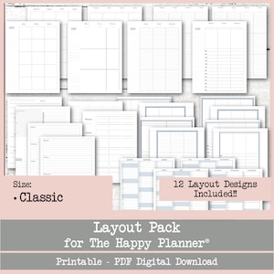 May include: A set of 12 printable planner layouts in a classic size. The layouts are designed for The Happy Planner and are available as a PDF digital download. The layouts include a variety of designs, such as weekly, monthly, and daily spreads.