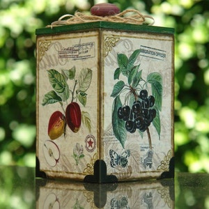 May include: A decorative wooden box with a green lid and a vintage design. The box features images of apples, cherries, and a butterfly. The text "Immigration Officer" is printed on the box.
