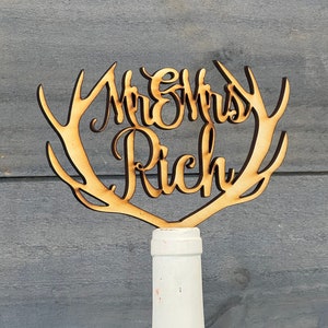 Wedding Cake Topper, Antler Cake Topper, Wooden Cake Topper, Antler Wedding Decor, Wedding Cake, Bridal Shower, Cake Topper, Mr. & Mrs.